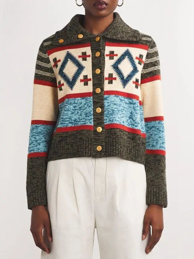 Button-Down High-Collar Mixed-Print Wool Cardigan Sweater - Sweaters & Knitwear