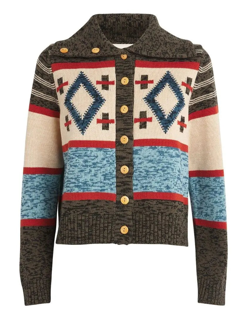 Button-Down High-Collar Mixed-Print Wool Cardigan Sweater - Sweaters & Knitwear