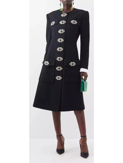 Button-Embellished Black Midi Coat - Coats