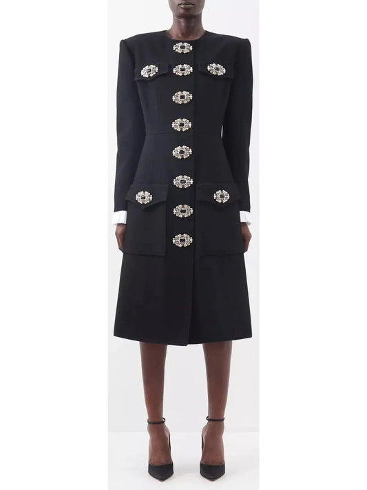 Button-Embellished Black Midi Coat - s - Coats