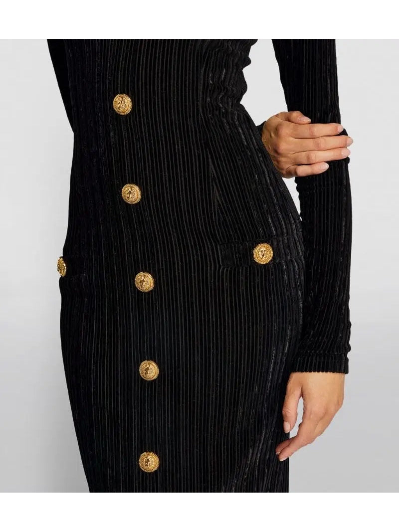 Button-Embellished Corduroy Velvet Dress In Black - Dresses