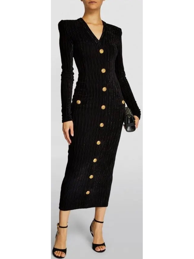 Button-Embellished Corduroy Velvet Dress In Black - Dresses