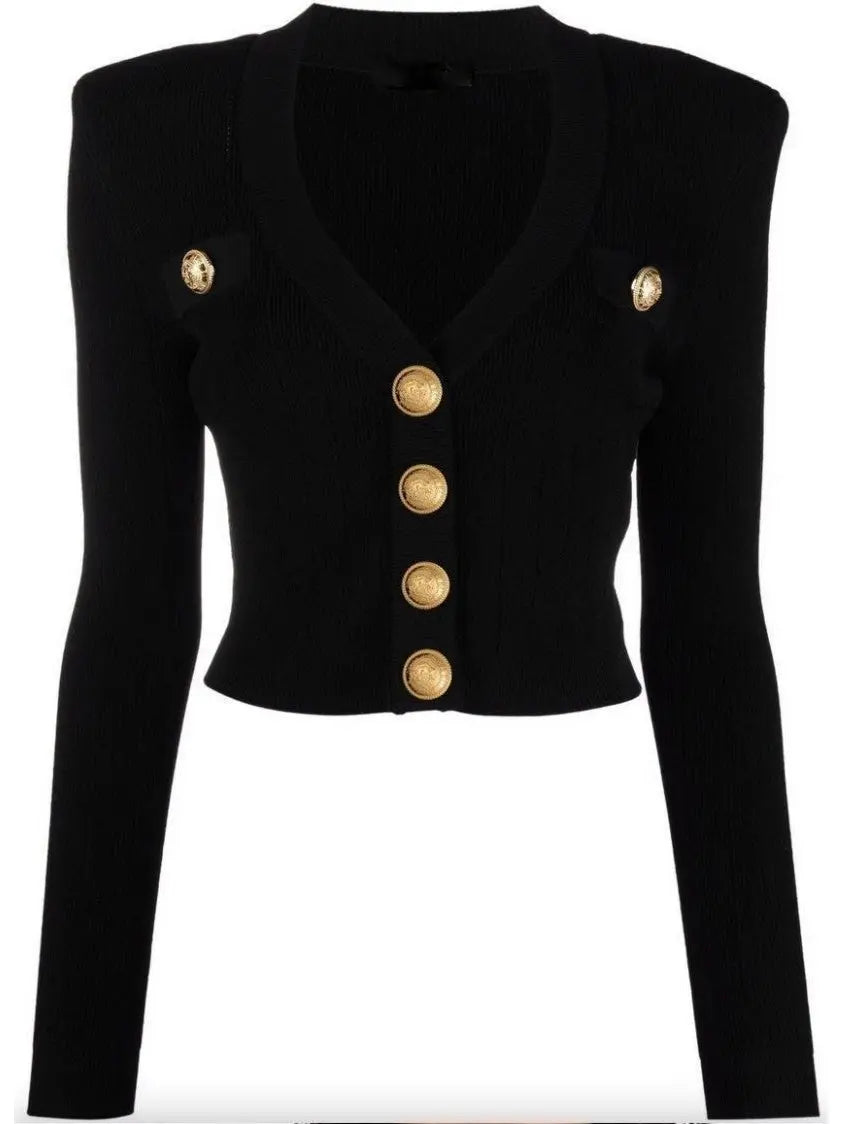 Button-Embellished Cropped Knit Cardigan Black - Sweaters & Knitwear