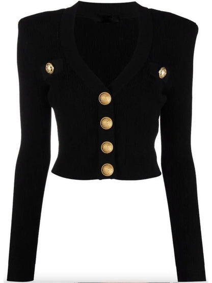 Button-Embellished Cropped Knit Cardigan Black - Sweaters & Knitwear