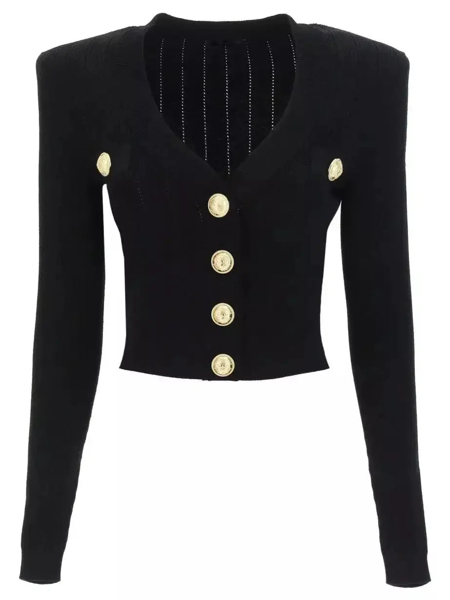 Button-Embellished Cropped Knit Cardigan Black - Sweaters & Knitwear