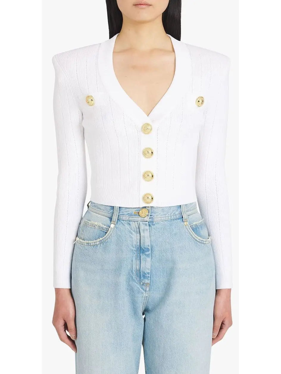 Button-Embellished Cropped Knit Cardigan White - Sweaters & Knitwear