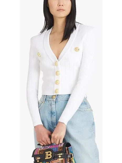 Button-Embellished Cropped Knit Cardigan White - Sweaters & Knitwear