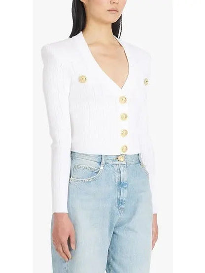 Button-Embellished Cropped Knit Cardigan White - Sweaters & Knitwear