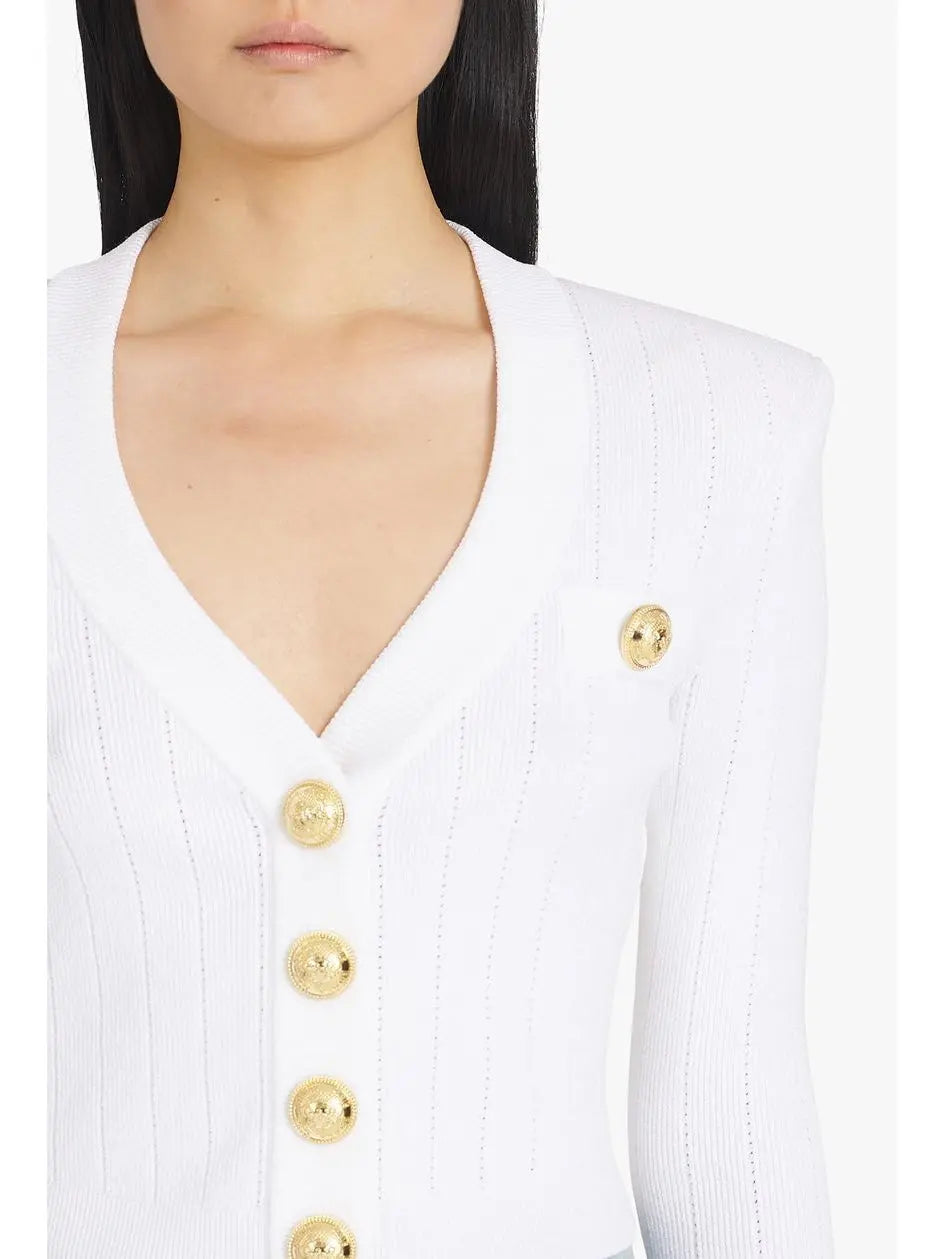 Button-Embellished Cropped Knit Cardigan White - Sweaters & Knitwear