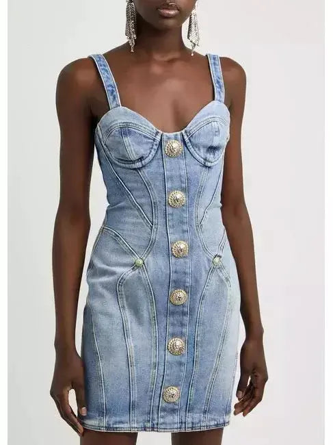 Button-Embellished Denim Mini Dress - Dresses