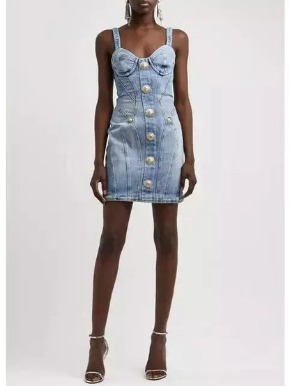 Button-Embellished Denim Mini Dress - Dresses