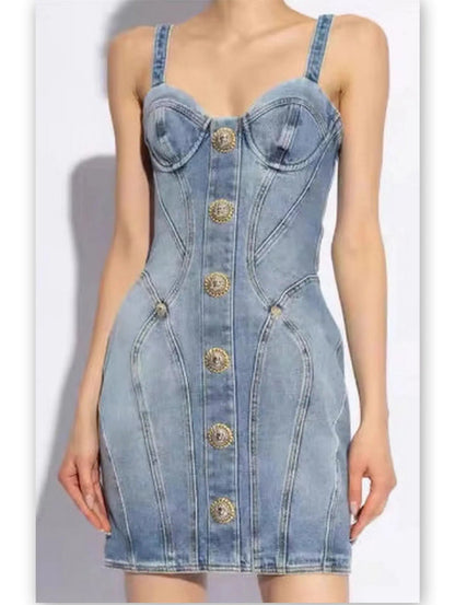 Button-Embellished Denim Mini Dress - Dresses