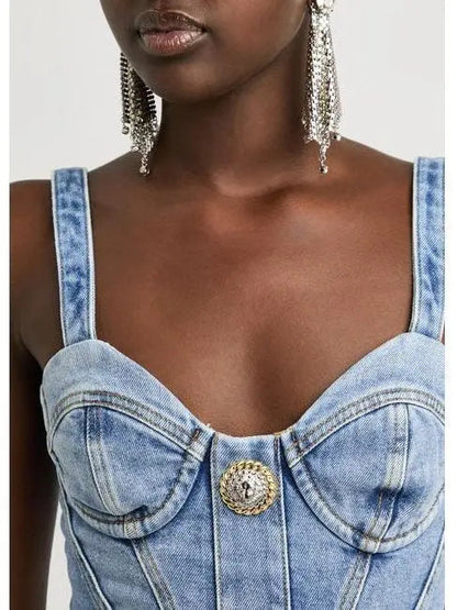 Button-Embellished Denim Mini Dress - Dresses