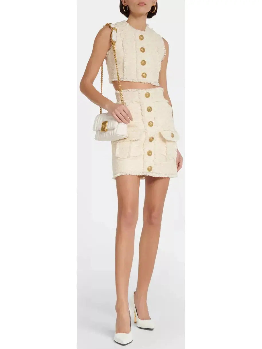 Button-Embellished Frayed Crop Top and Skirt Set - small - Suits & Sets