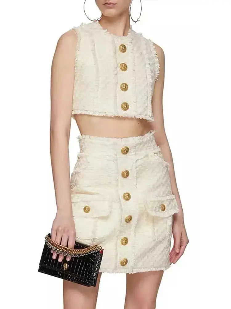 Button-Embellished Frayed Crop Top and Skirt Set - Suits & Sets