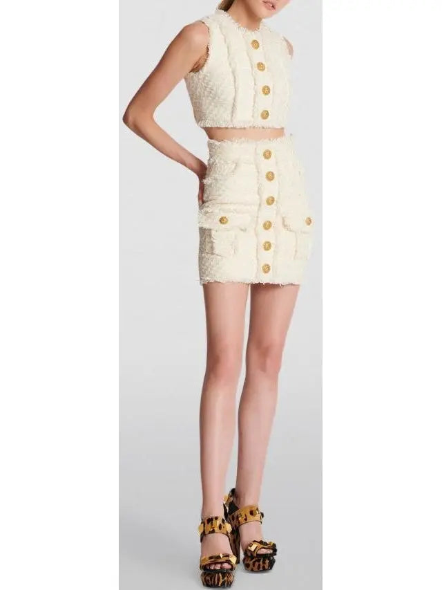 Button-Embellished Frayed Crop Top and Skirt Set - Suits & Sets