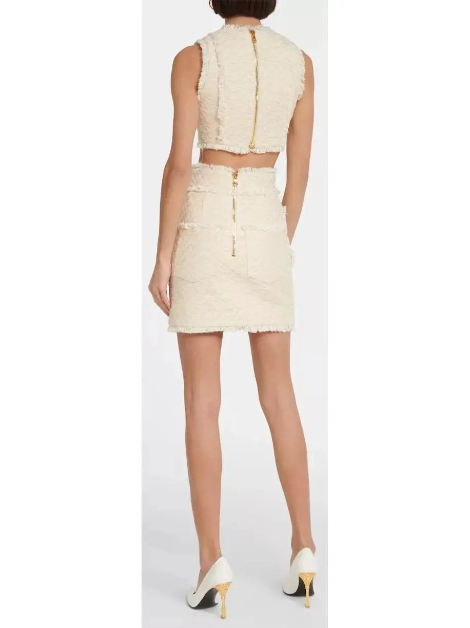 Button-Embellished Frayed Crop Top and Skirt Set - Suits & Sets