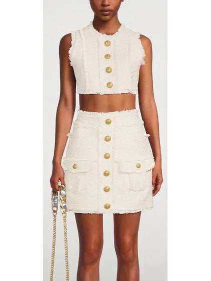 Button-Embellished Frayed Crop Top and Skirt Set - Suits & Sets