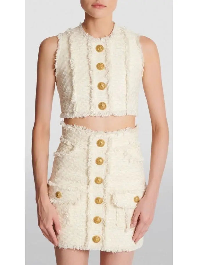 Button-Embellished Frayed Crop Top and Skirt Set - Suits & Sets