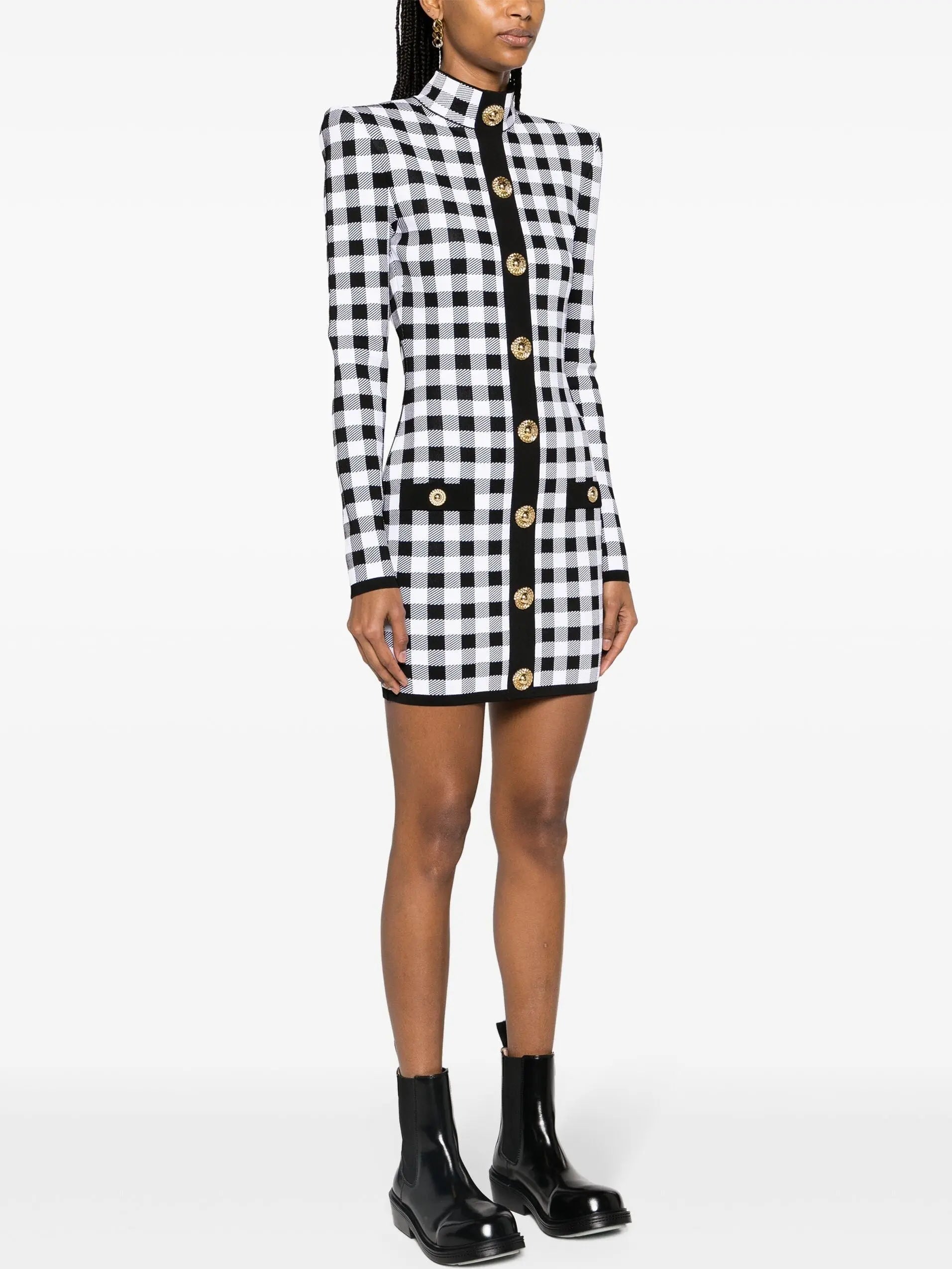 Button-Embellished Gingham Knit Stretch Mini Dress - Dresses