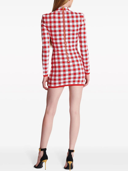 Button-Embellished Gingham Knit Stretch Mini Dress - Dresses