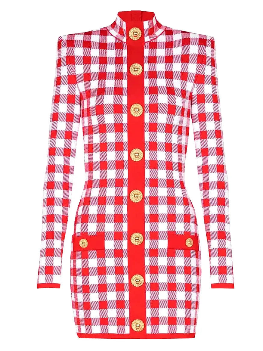 Button-Embellished Gingham Knit Stretch Mini Dress - Dresses