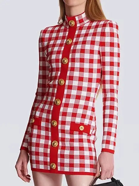 Button-Embellished Gingham Knit Stretch Mini Dress - Dresses