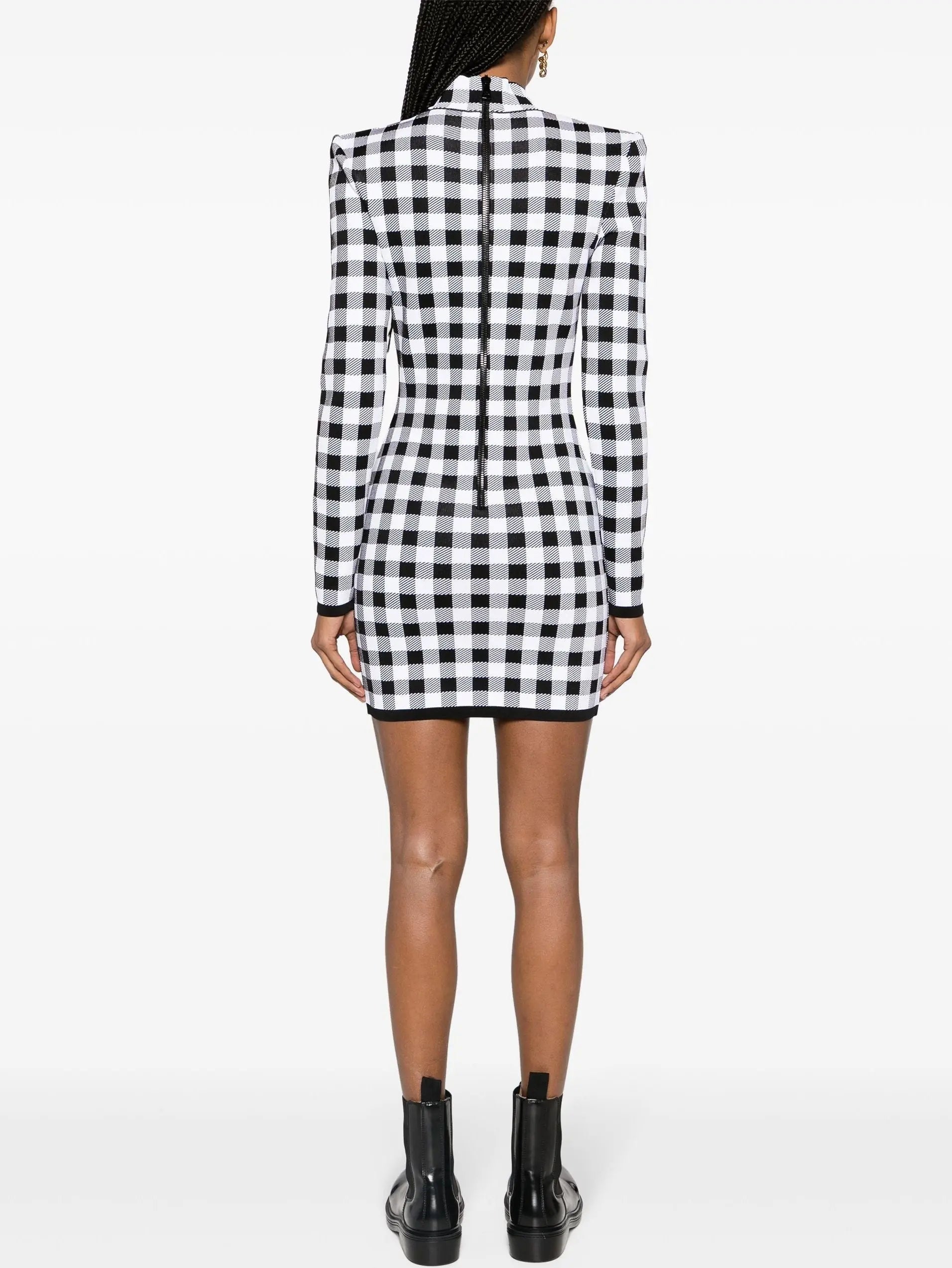 Button-Embellished Gingham Knit Stretch Mini Dress - Dresses