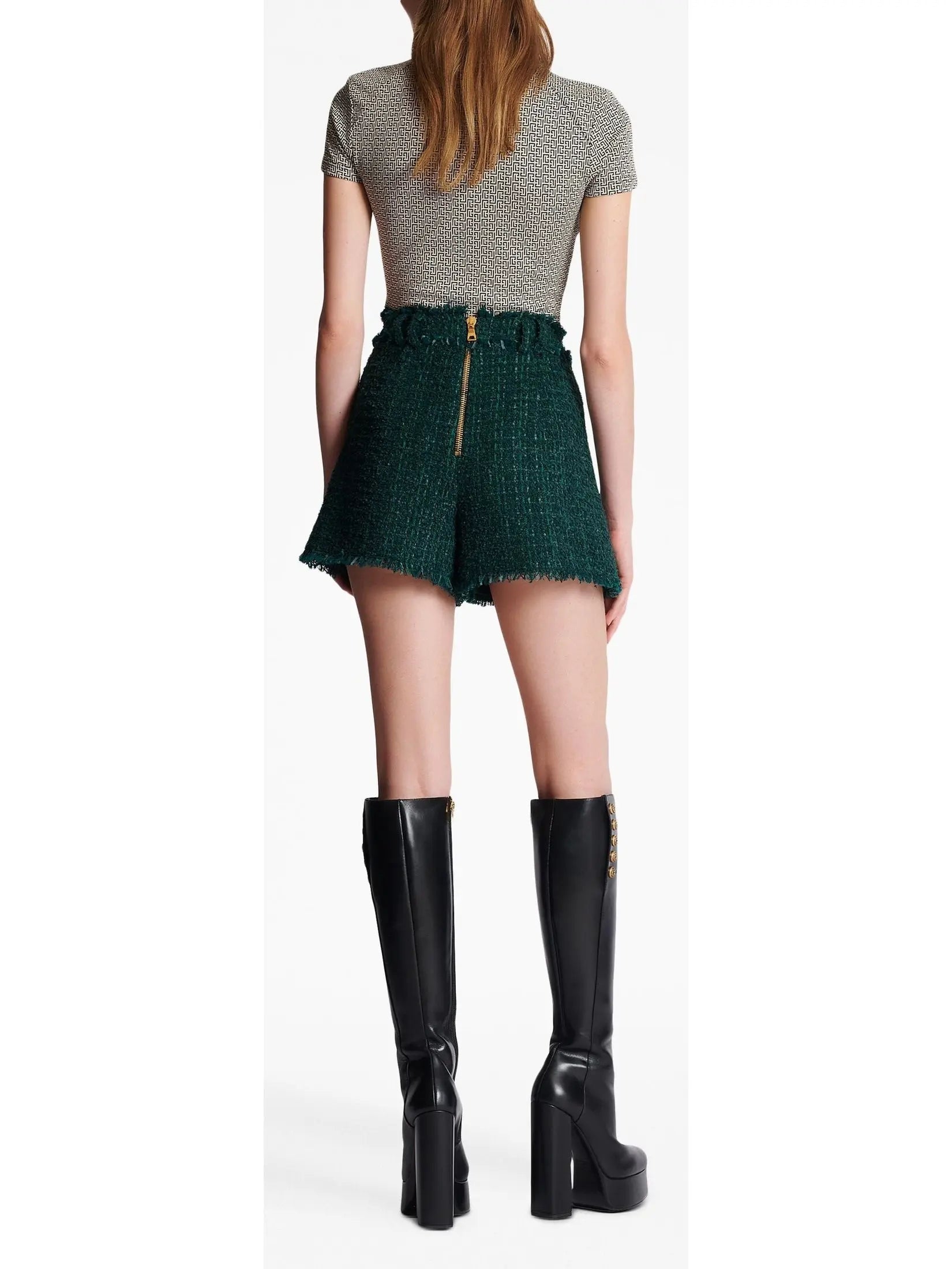 Button-Embellished Green Tweed Shorts - Jeans & Pants