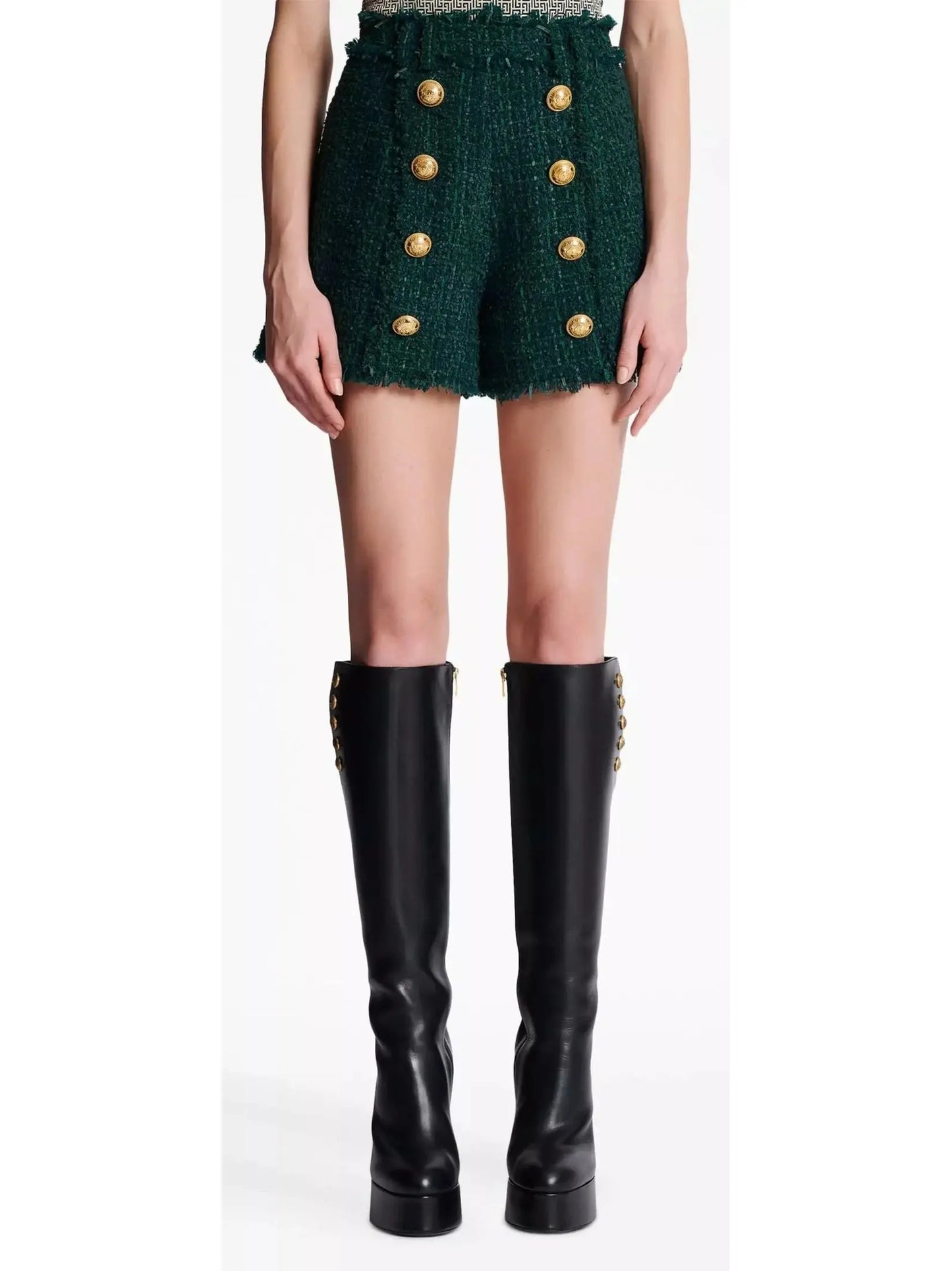 Button-Embellished Green Tweed Shorts - Jeans & Pants