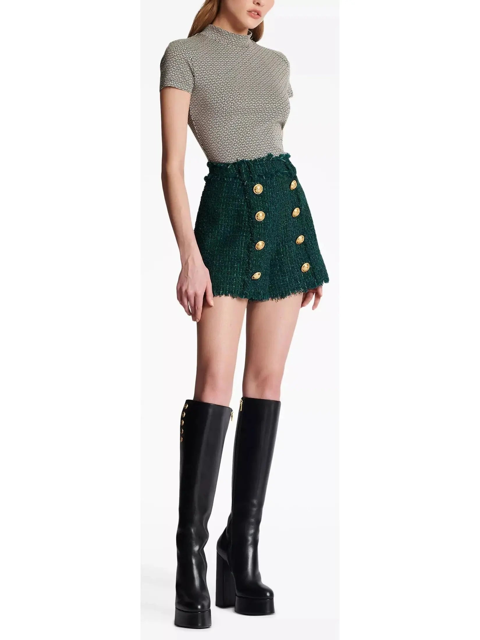 Button-Embellished Green Tweed Shorts - Jeans & Pants