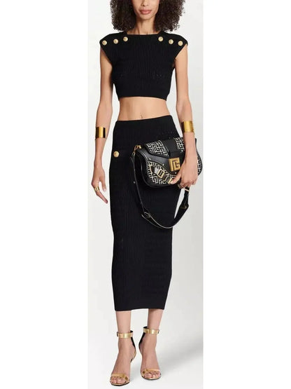 Button-Embellished Knit Crop Top and Skirt Set Black - small - Suits & Sets