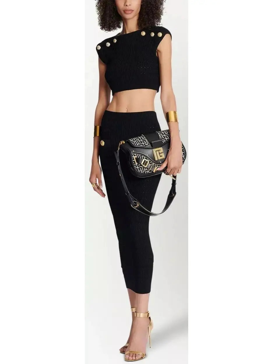 Button-Embellished Knit Crop Top and Skirt Set Black - Suits & Sets