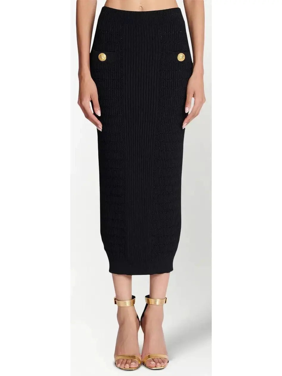 Button-Embellished Knit Crop Top and Skirt Set Black - Suits & Sets