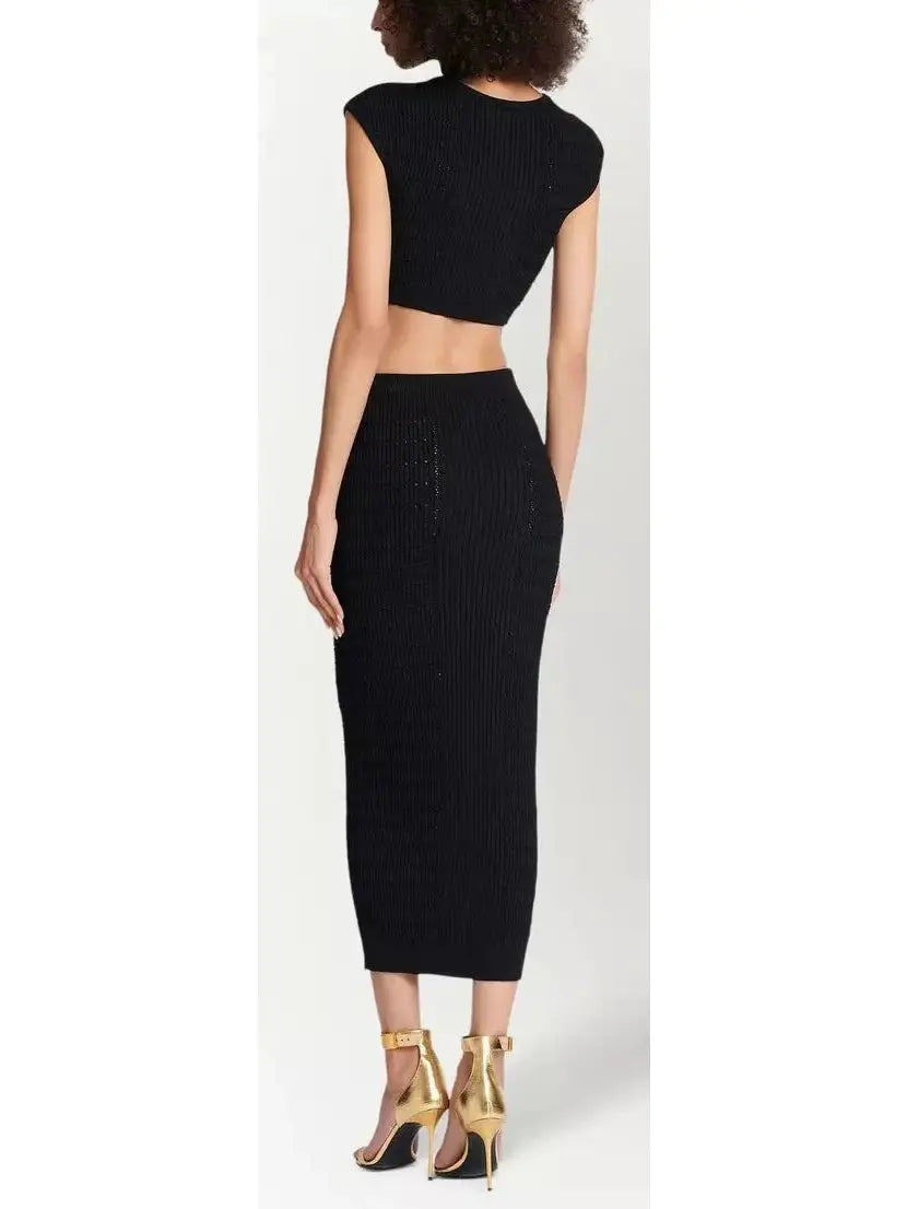 Button-Embellished Knit Crop Top and Skirt Set Black - Suits & Sets