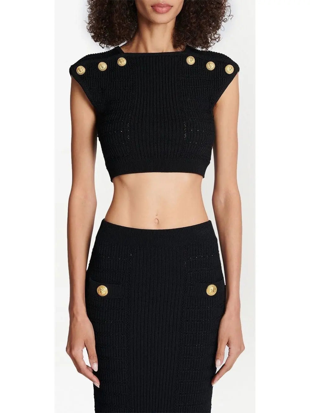 Button-Embellished Knit Crop Top and Skirt Set Black - Suits & Sets