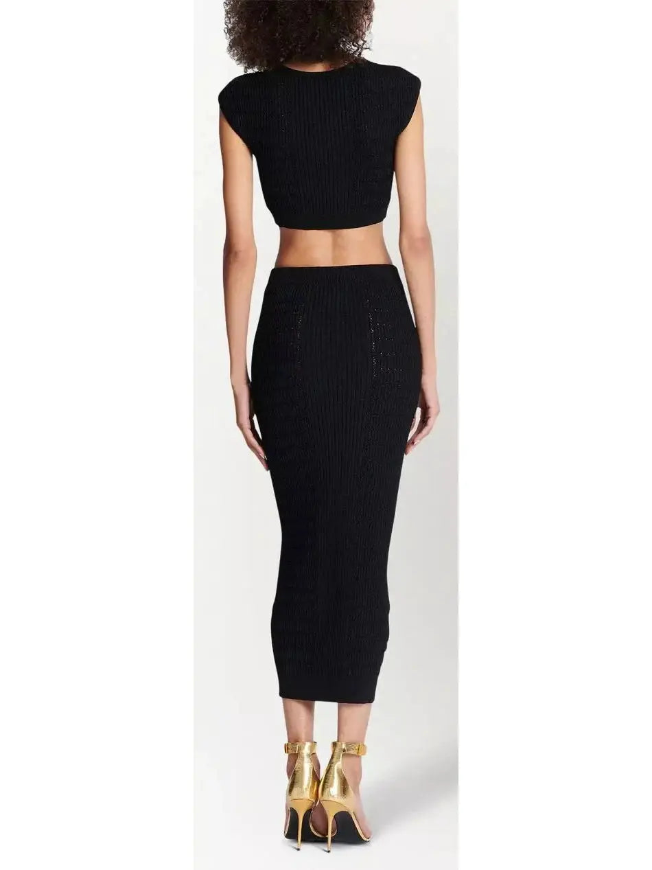 Button-Embellished Knit Crop Top and Skirt Set Black - Suits & Sets