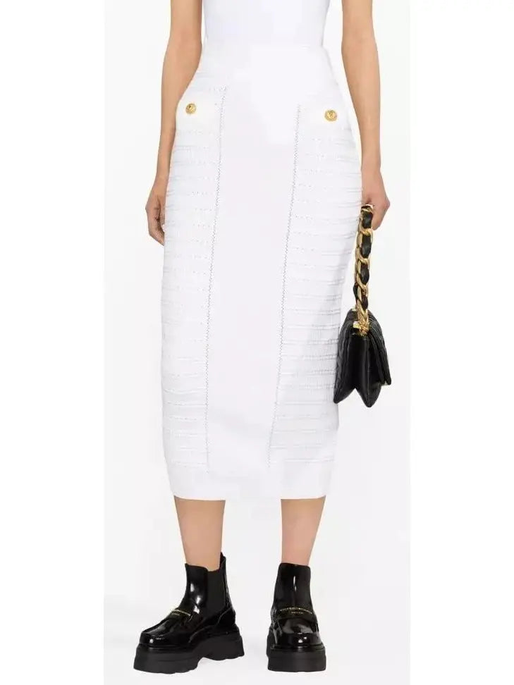 Button-Embellished Knit Crop Top and Skirt Set White - Suits & Sets