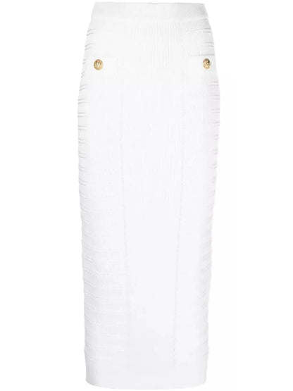 Button-Embellished Knit Crop Top and Skirt Set White - Suits & Sets