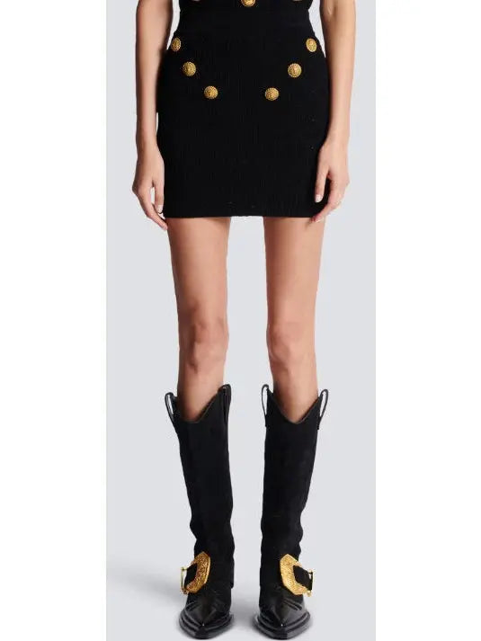 Button-Embellished Knit Mini Skirt Black - Skirts