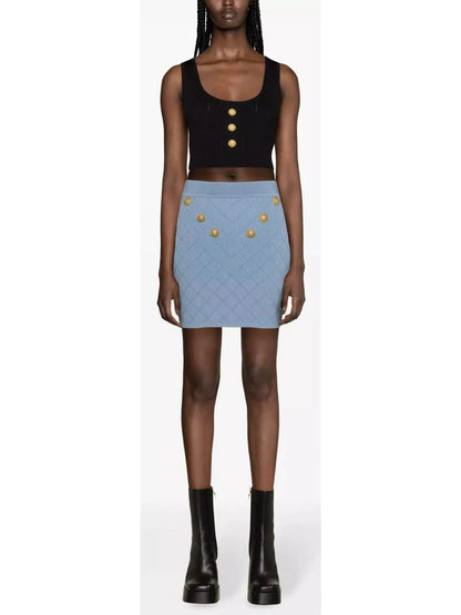 Button-Embellished Knit Mini Skirt Blue - Skirts