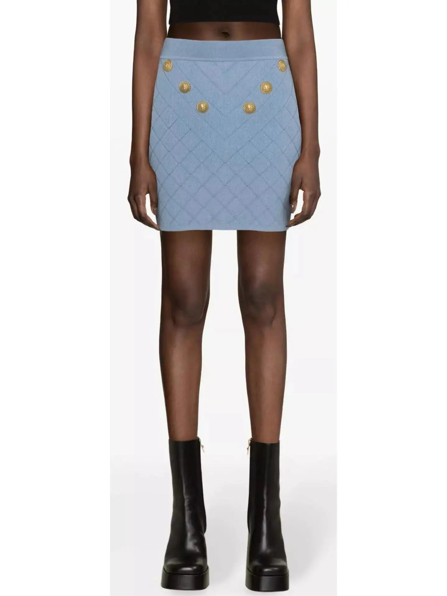 Button-Embellished Knit Mini Skirt Blue - Skirts