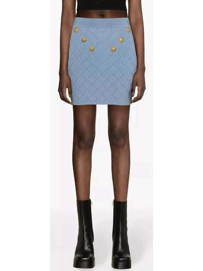 Button-Embellished Knit Mini Skirt Blue - Skirts