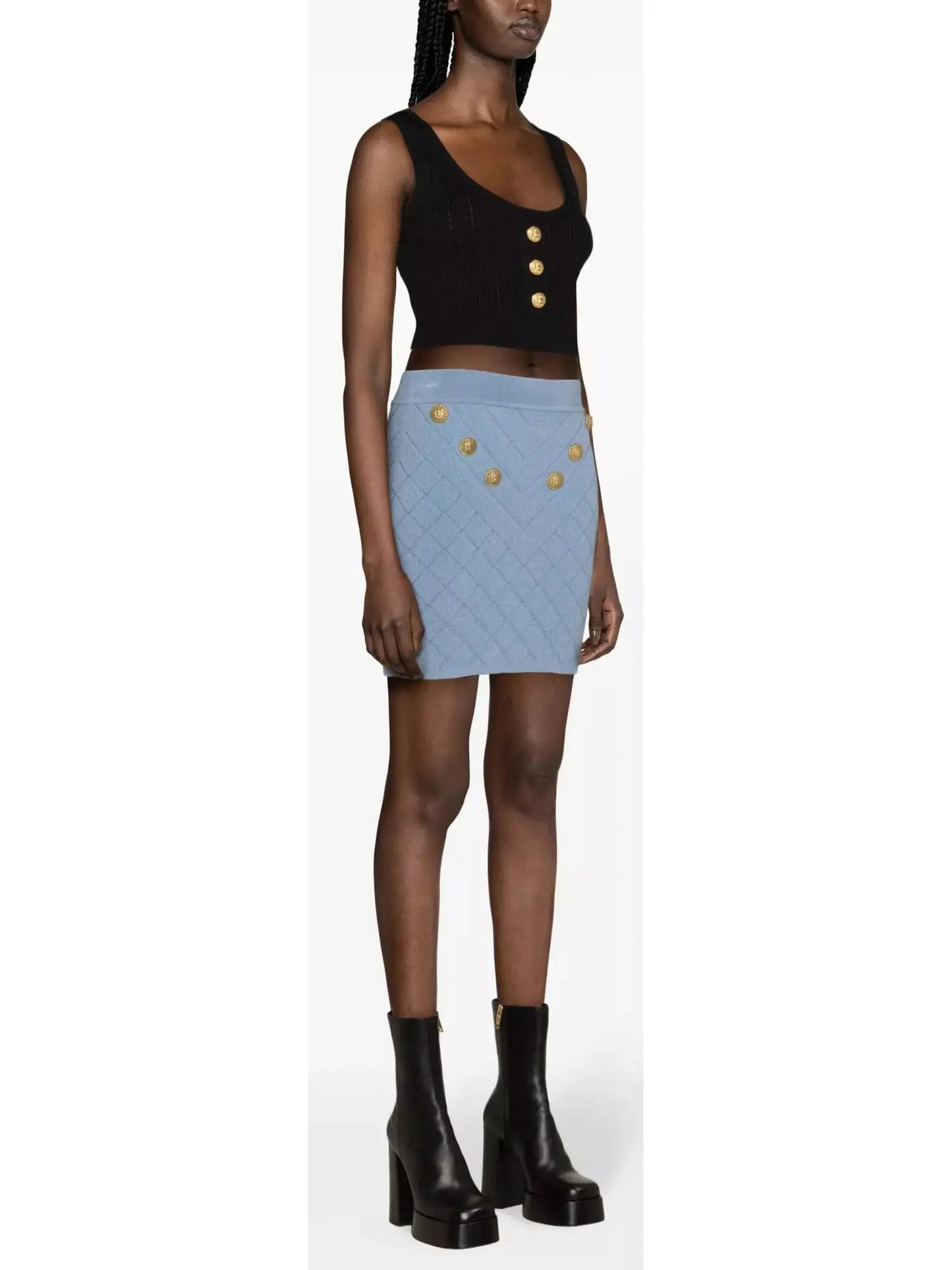 Button-Embellished Knit Mini Skirt Blue - Skirts