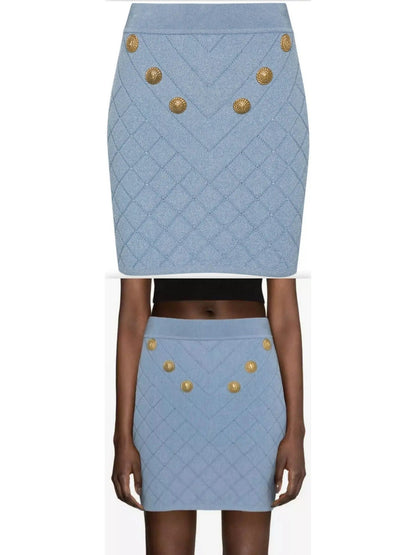 Button-Embellished Knit Mini Skirt Blue - small - Skirts