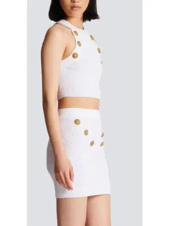 Button-Embellished Knit Mini Skirt White - Skirts