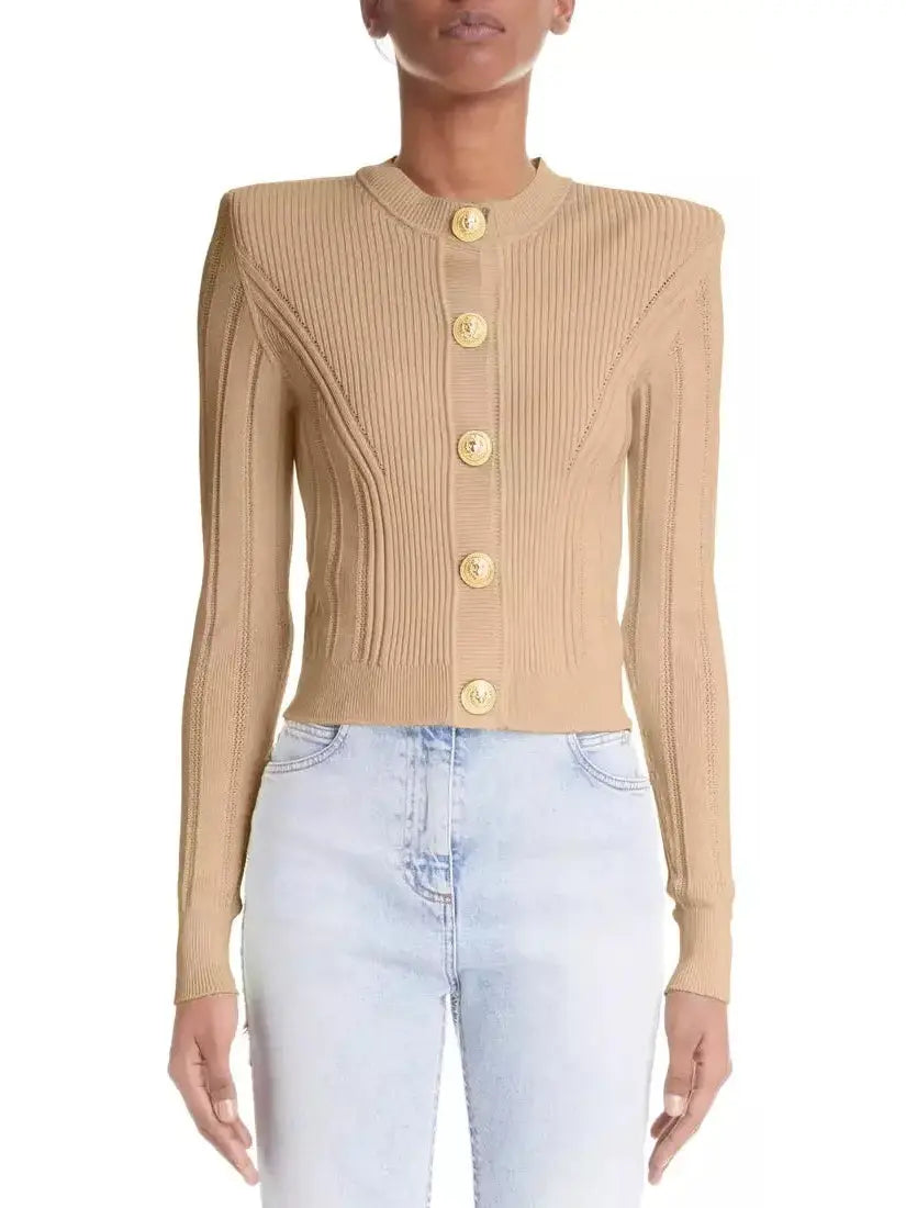 Button Embellished Knitted Cardigan in Beige - Sweaters & Knitwear