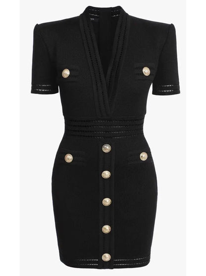 Button-Embellished V-Neck Mini Dress Black - Dresses