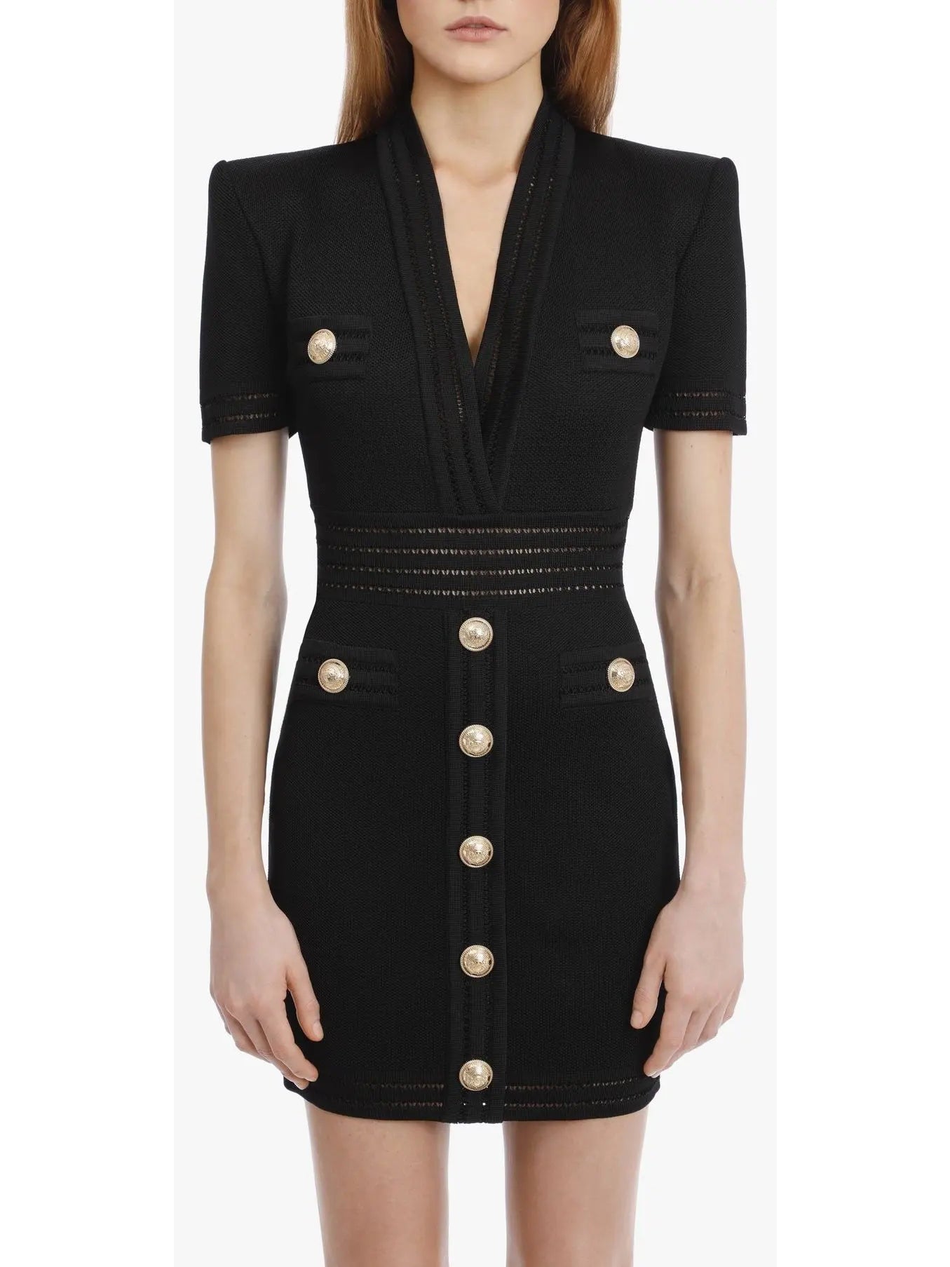 Button-Embellished V-Neck Mini Dress Black - Dresses