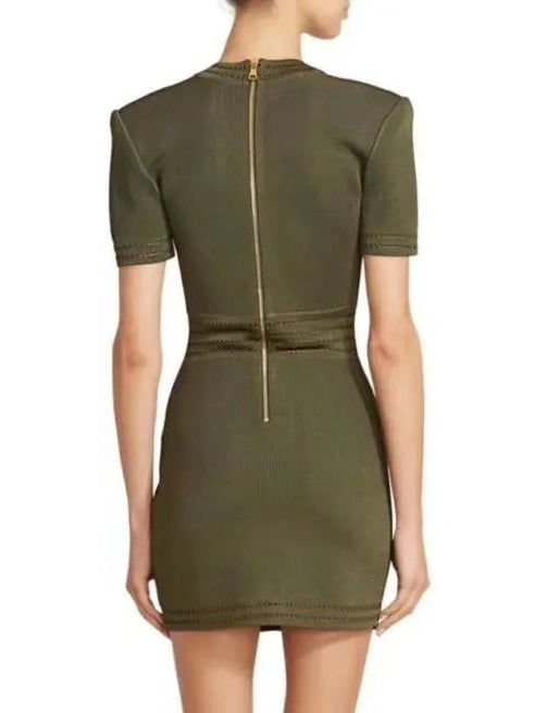 Button-Embellished V-Neck Mini Dress Green - Dresses